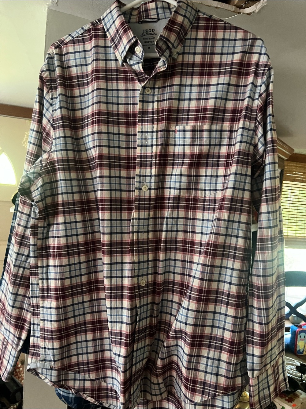 Izod Men’s Long-Sleeve Plaid Button-Down Shirt in White, Burgundy & Blue medium